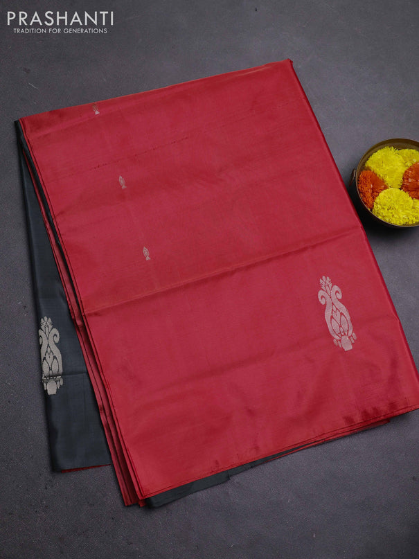 Banana pith saree red and elephant grey with thread woven buttas in borderless style