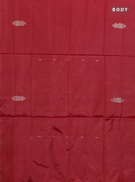 Banana pith saree red and elephant grey with thread woven buttas in borderless style