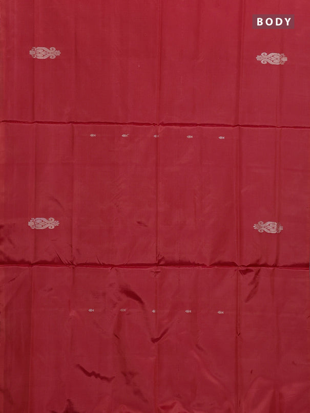Banana pith saree red and elephant grey with thread woven buttas in borderless style