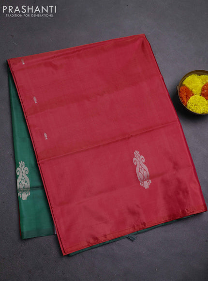 Banana pith saree red and green with thread woven buttas in borderless style