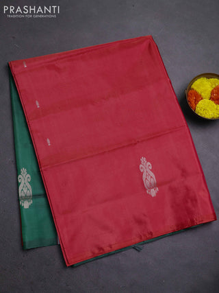 Banana pith saree red and green with thread woven buttas in borderless style