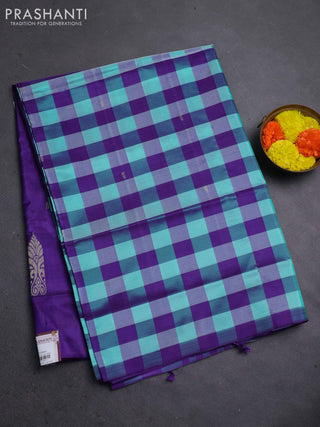 Banana pith saree teal green and violet with allover checked pattern in borderless style