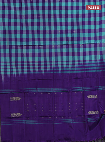 Banana pith saree teal green and violet with allover checked pattern in borderless style