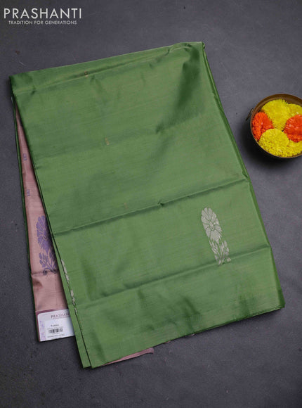 Banana pith saree green and rosy brown with thread woven buttas in borderless style