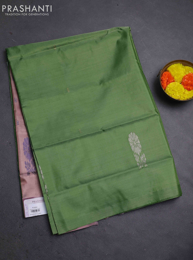 Banana pith saree green and rosy brown with thread woven buttas in borderless style