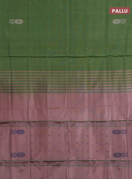 Banana pith saree green and rosy brown with thread woven buttas in borderless style