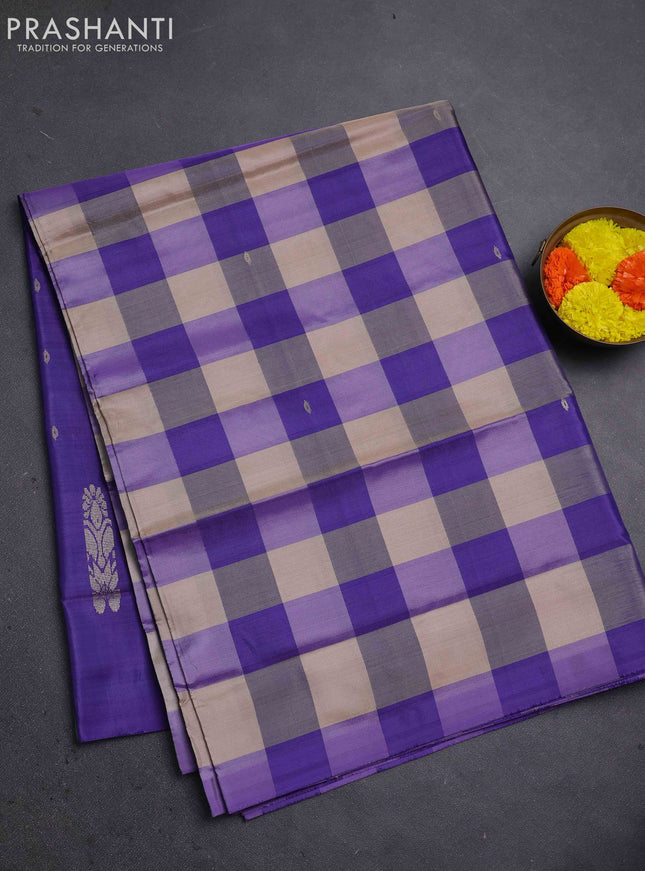 Banana pith saree beige and violet with allover checked pattern in borderless style