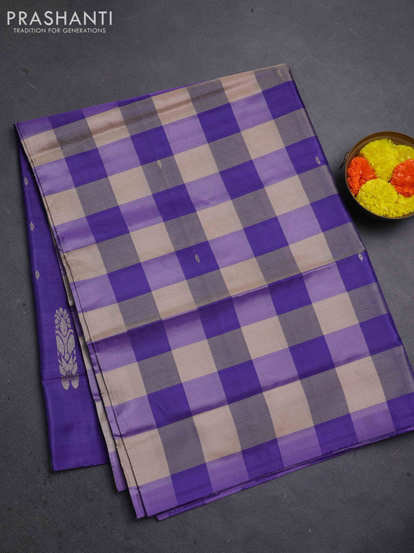 Banana pith saree beige and violet with allover checked pattern in borderless style