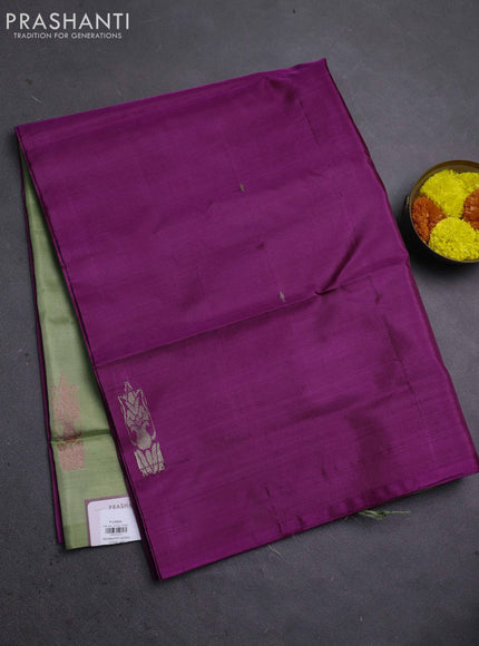 Banana pith saree purple and pista green with thread woven buttas in borderless style