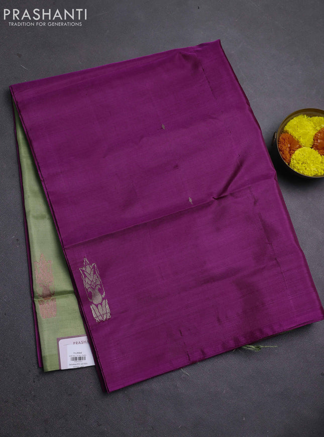 Banana pith saree purple and pista green with thread woven buttas in borderless style