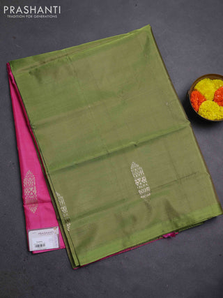 Banana pith saree mehendi green and pink with thread woven buttas in borderless style