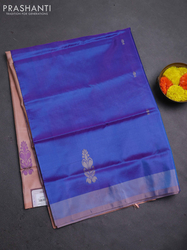 Banana pith saree cs blue and peach shade with thread woven buttas in borderless style