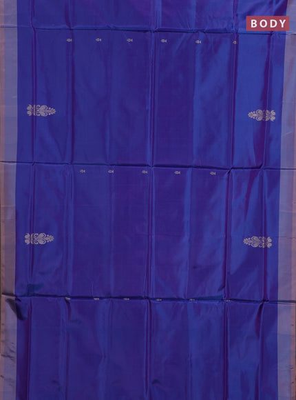 Banana pith saree cs blue and peach shade with thread woven buttas in borderless style