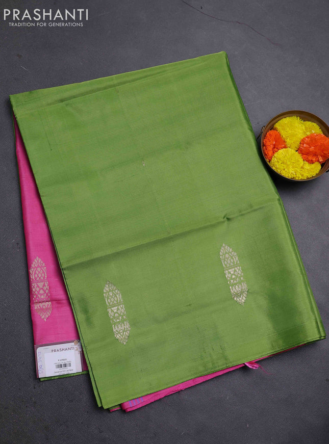 Banana pith saree light green and pnk with thread woven buttas in borderless style