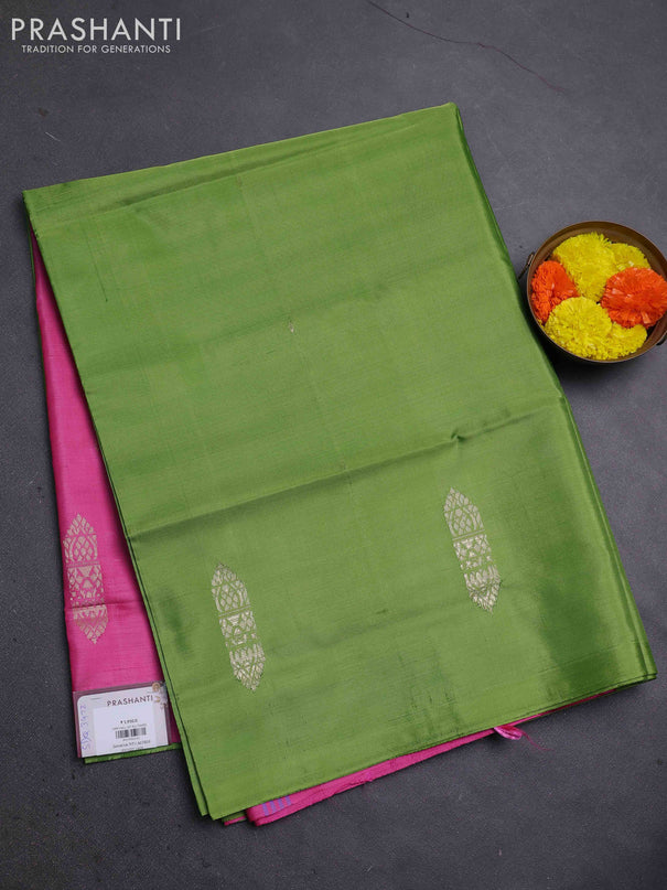 Banana pith saree light green and pnk with thread woven buttas in borderless style