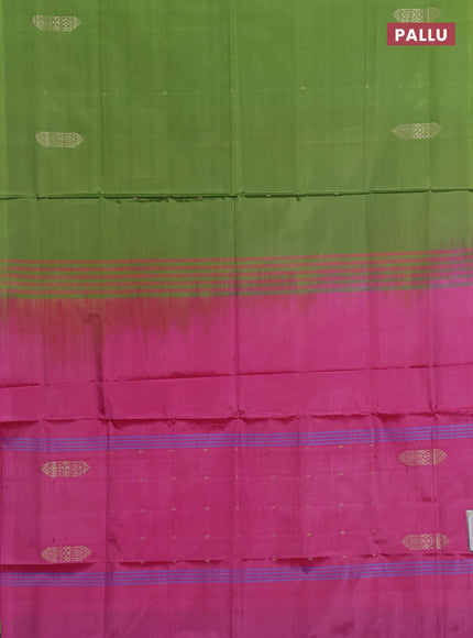 Banana pith saree light green and pnk with thread woven buttas in borderless style
