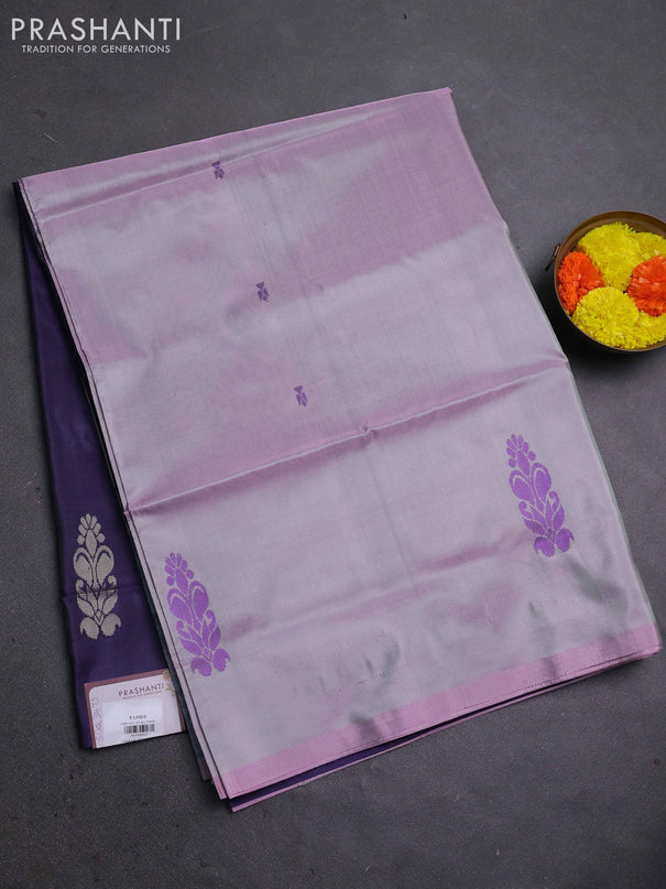 Banana pith saree grey and navy blue with thread woven buttas in borderless style