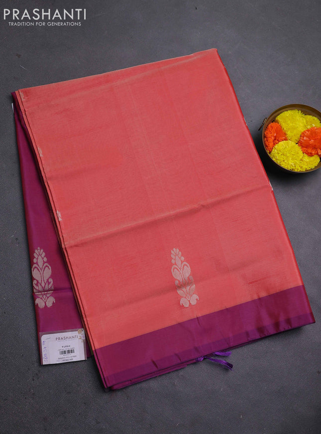 Banana pith saree orange and magenta pink with thread woven buttas in borderless style