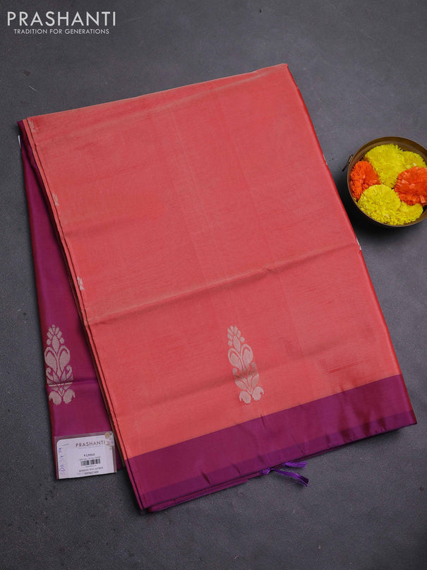 Banana pith saree orange and magenta pink with thread woven buttas in borderless style
