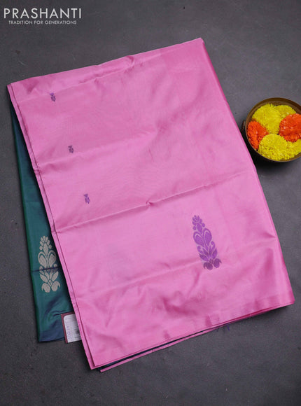 Banana pith saree candy pink and dual shade of green with thread woven buttas in borderless style