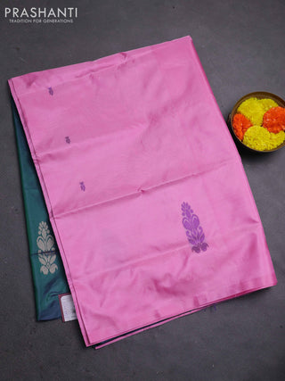 Banana pith saree candy pink and dual shade of green with thread woven buttas in borderless style