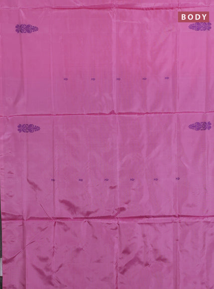 Banana pith saree candy pink and dual shade of green with thread woven buttas in borderless style