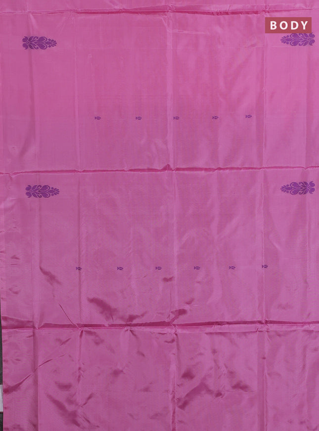 Banana pith saree candy pink and dual shade of green with thread woven buttas in borderless style