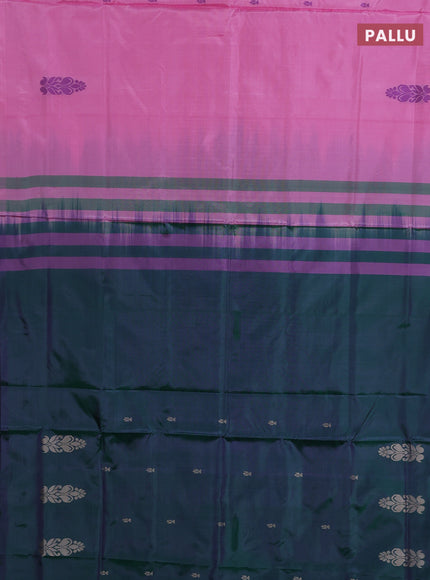Banana pith saree candy pink and dual shade of green with thread woven buttas in borderless style