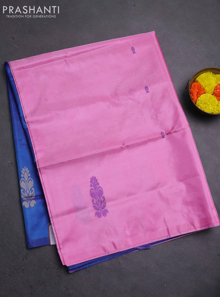 Banana pith saree candy pink and cs blue with thread woven buttas in borderless style