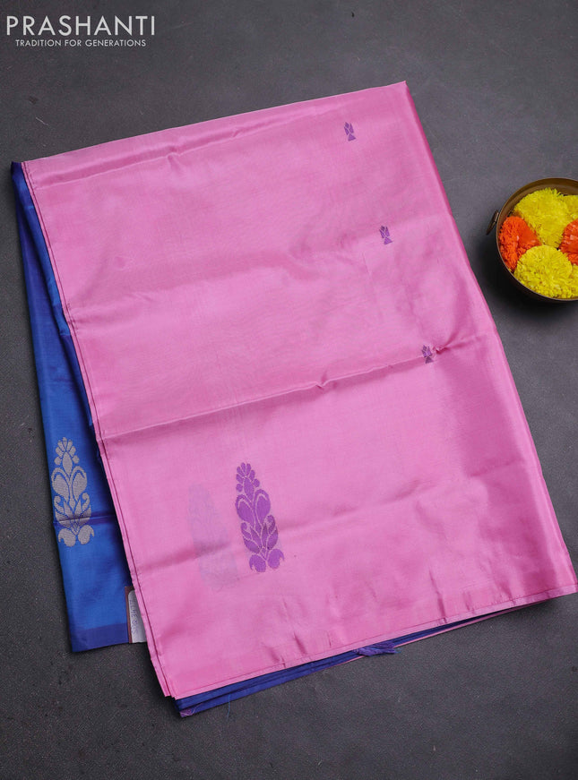 Banana pith saree candy pink and cs blue with thread woven buttas in borderless style