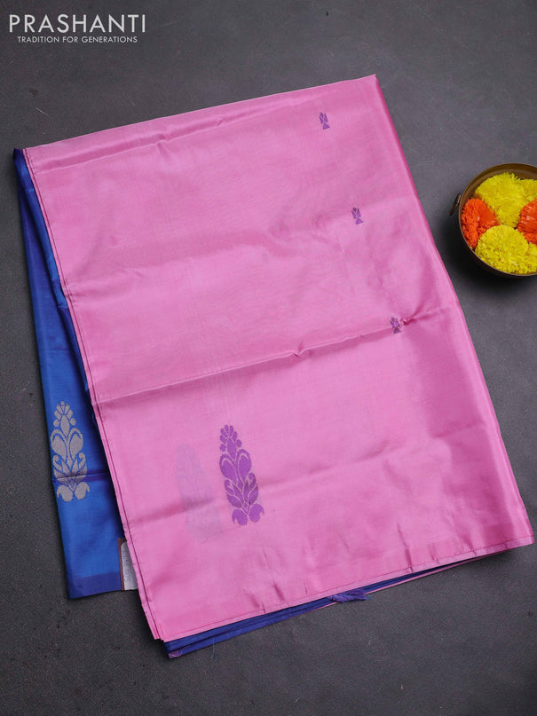 Banana pith saree candy pink and cs blue with thread woven buttas in borderless style