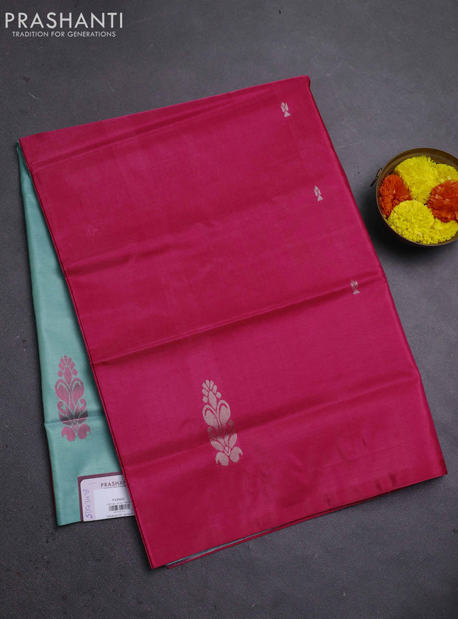 Banana pith saree pink and pastel green with thread woven buttas in borderless style