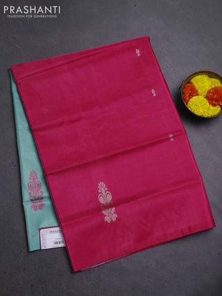 Banana pith saree pink and pastel green with thread woven buttas in borderless style