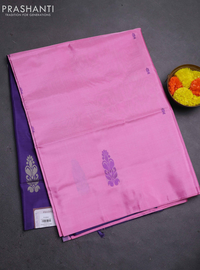 Banana pith saree candy pink and violet with thread woven buttas in borderless style