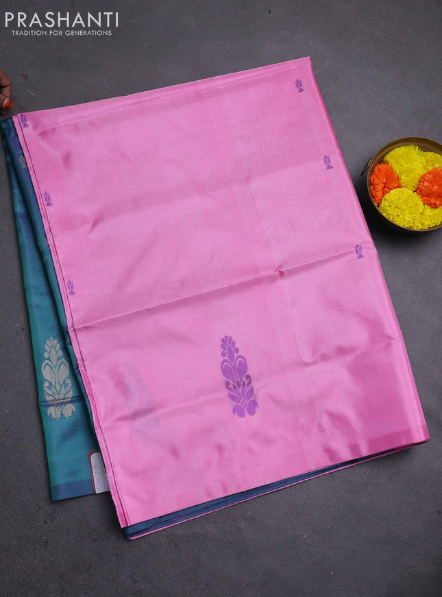 Banana pith saree candy pink and peacock green with thread woven buttas in borderless style