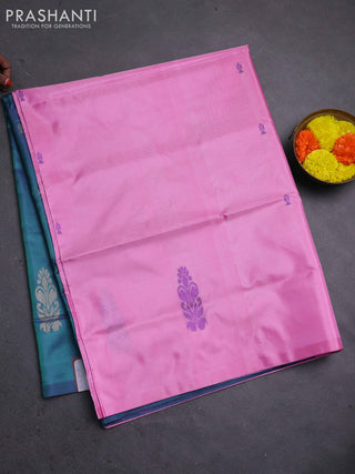 Banana pith saree candy pink and peacock green with thread woven buttas in borderless style