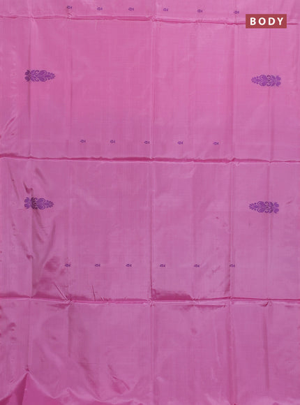 Banana pith saree candy pink and peacock green with thread woven buttas in borderless style