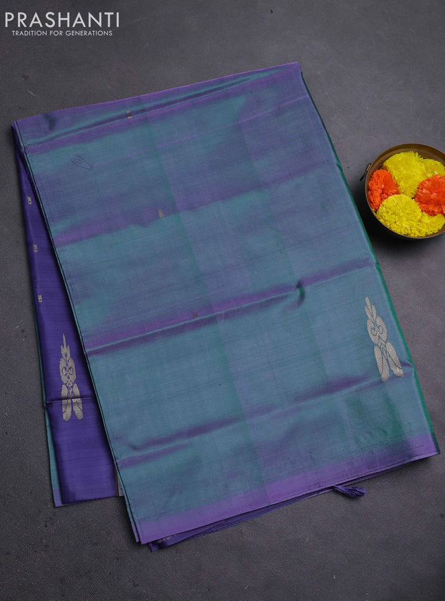 Banana pith saree dual shade of green and blue with thread woven buttas in borderless style