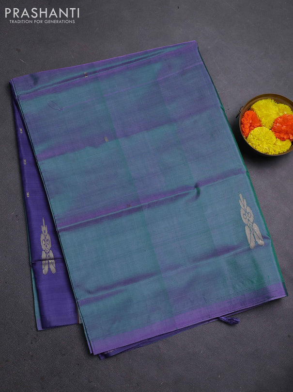 Banana pith saree dual shade of green and blue with thread woven buttas in borderless style