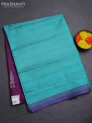 Banana pith saree teal green and purple with thread woven buttas and contrast border