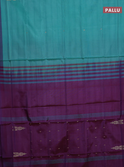 Banana pith saree teal green and purple with thread woven buttas and contrast border
