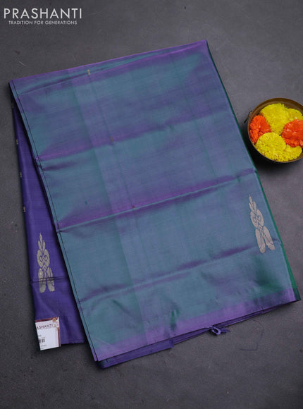 Banana pith saree dual shade of green and blue with thread woven buttas in borderless style