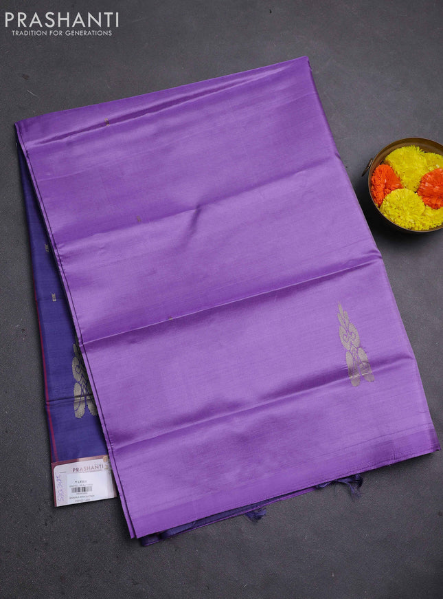 Banana pith saree lavender and blue with thread woven buttas in borderless style
