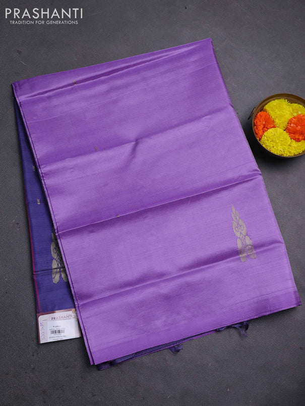 Banana pith saree lavender and blue with thread woven buttas in borderless style
