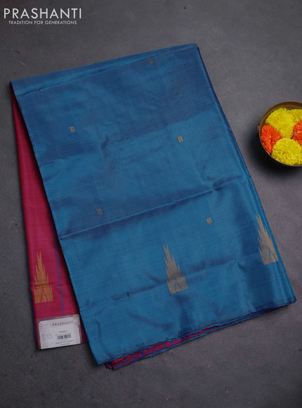 Banana pith saree cs blue and pink with thread woven buttas in borderless style