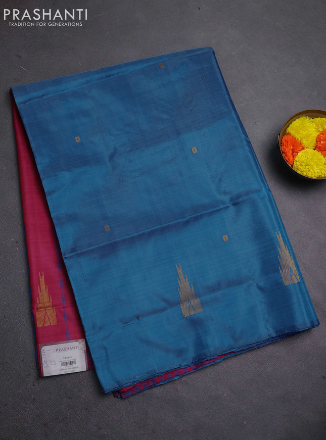 Banana pith saree cs blue and pink with thread woven buttas in borderless style