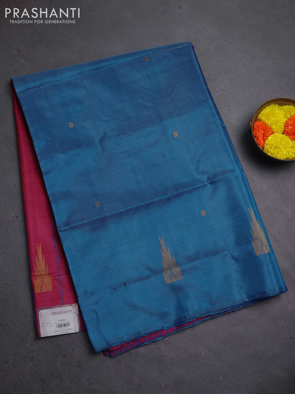 Banana pith saree cs blue and pink with thread woven buttas in borderless style