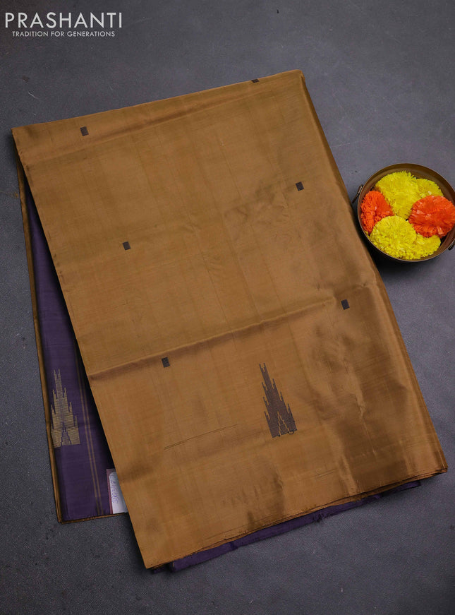 Banana pith saree mustard yellow and jamun shade with thread woven buttas in borderless style