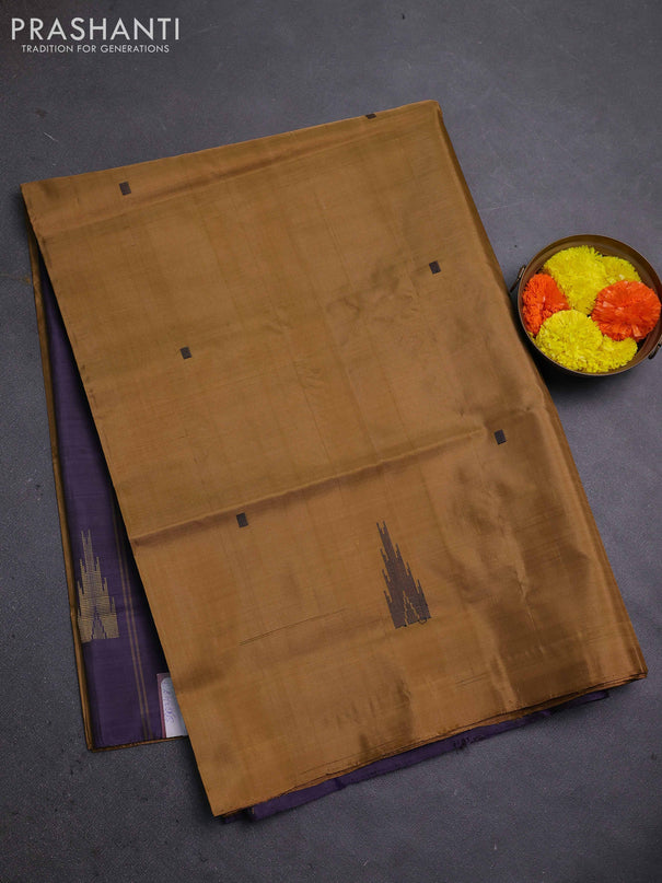 Banana pith saree mustard yellow and jamun shade with thread woven buttas in borderless style