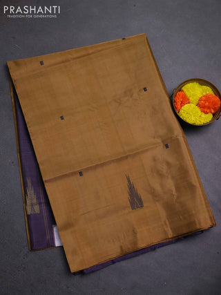 Banana pith saree mustard yellow and jamun shade with thread woven buttas in borderless style